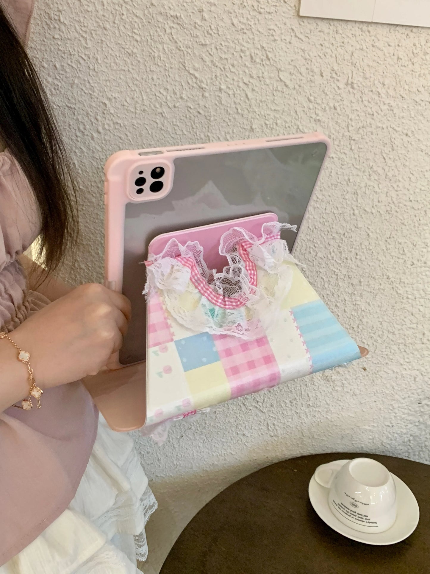 Pastel Patchwork Lace iPad Case – Cute Bows, Stand Cover