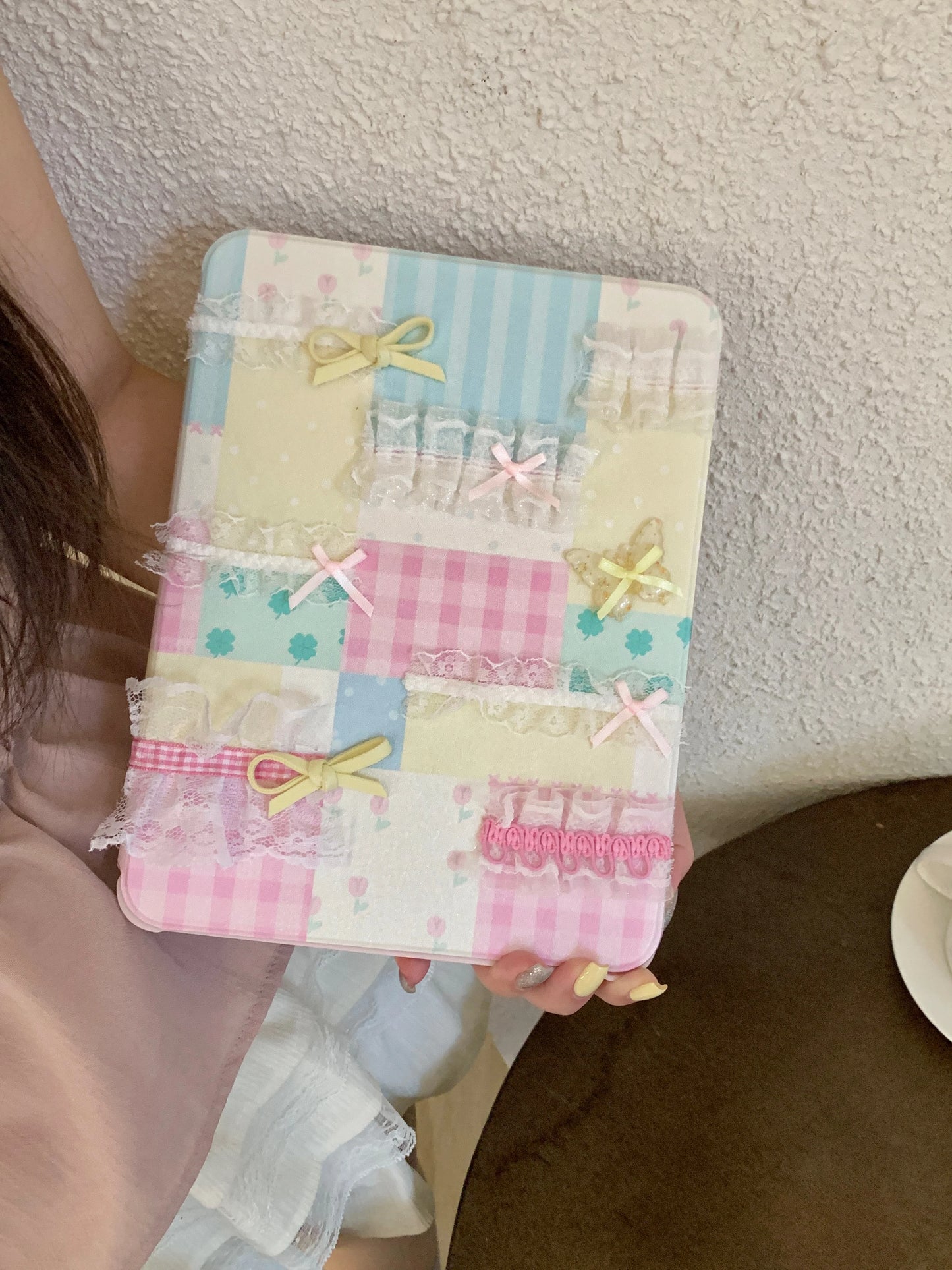 Pastel Patchwork Lace iPad Case – Cute Bows, Stand Cover