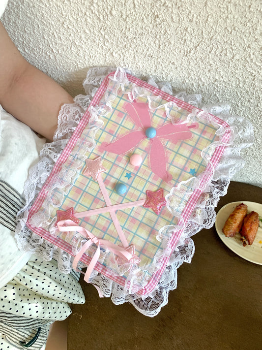 Kawaii Lace iPad Case with Plaid & Pastel Star Stand
