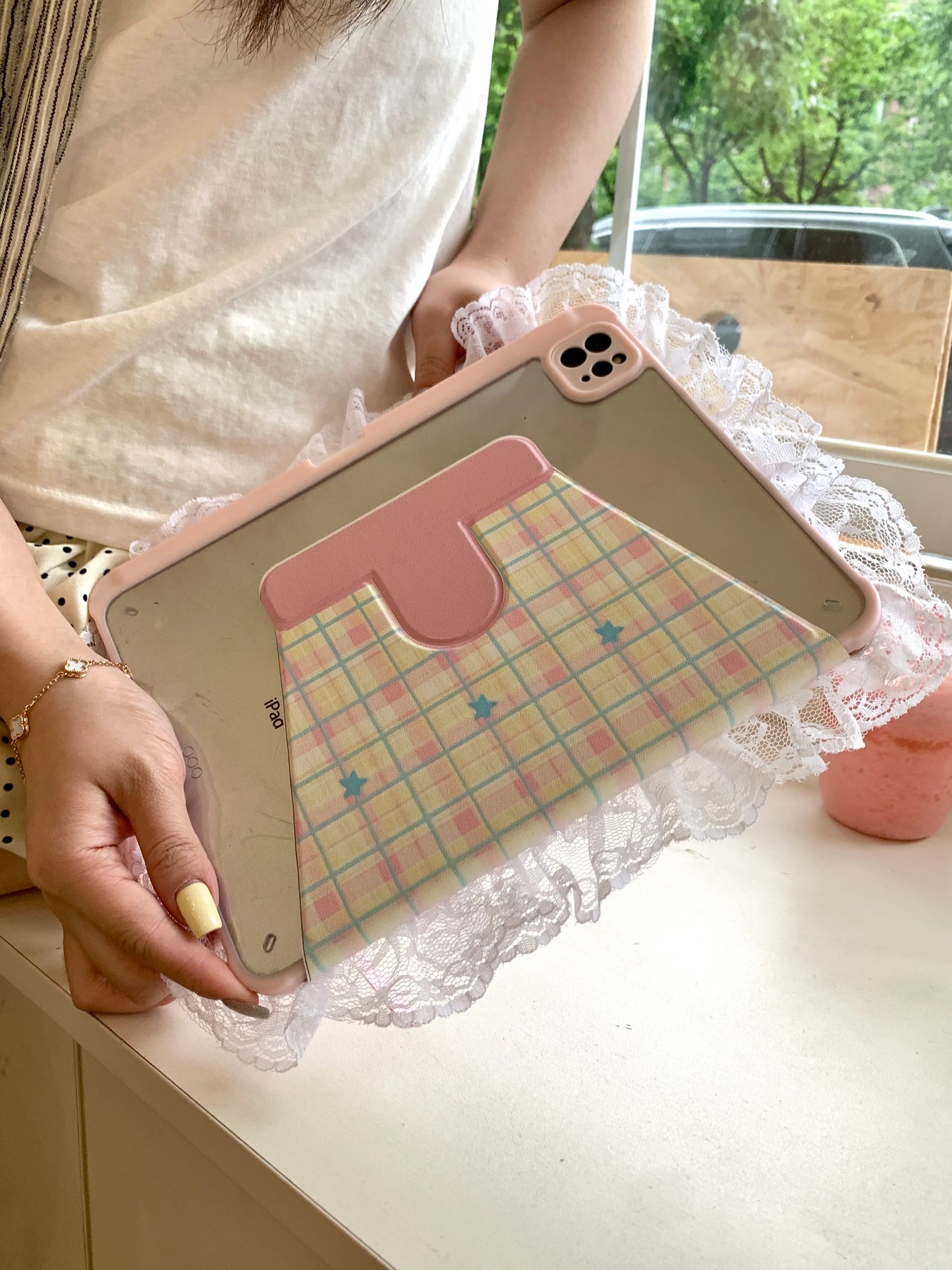 Kawaii Lace iPad Case with Plaid & Pastel Star Stand