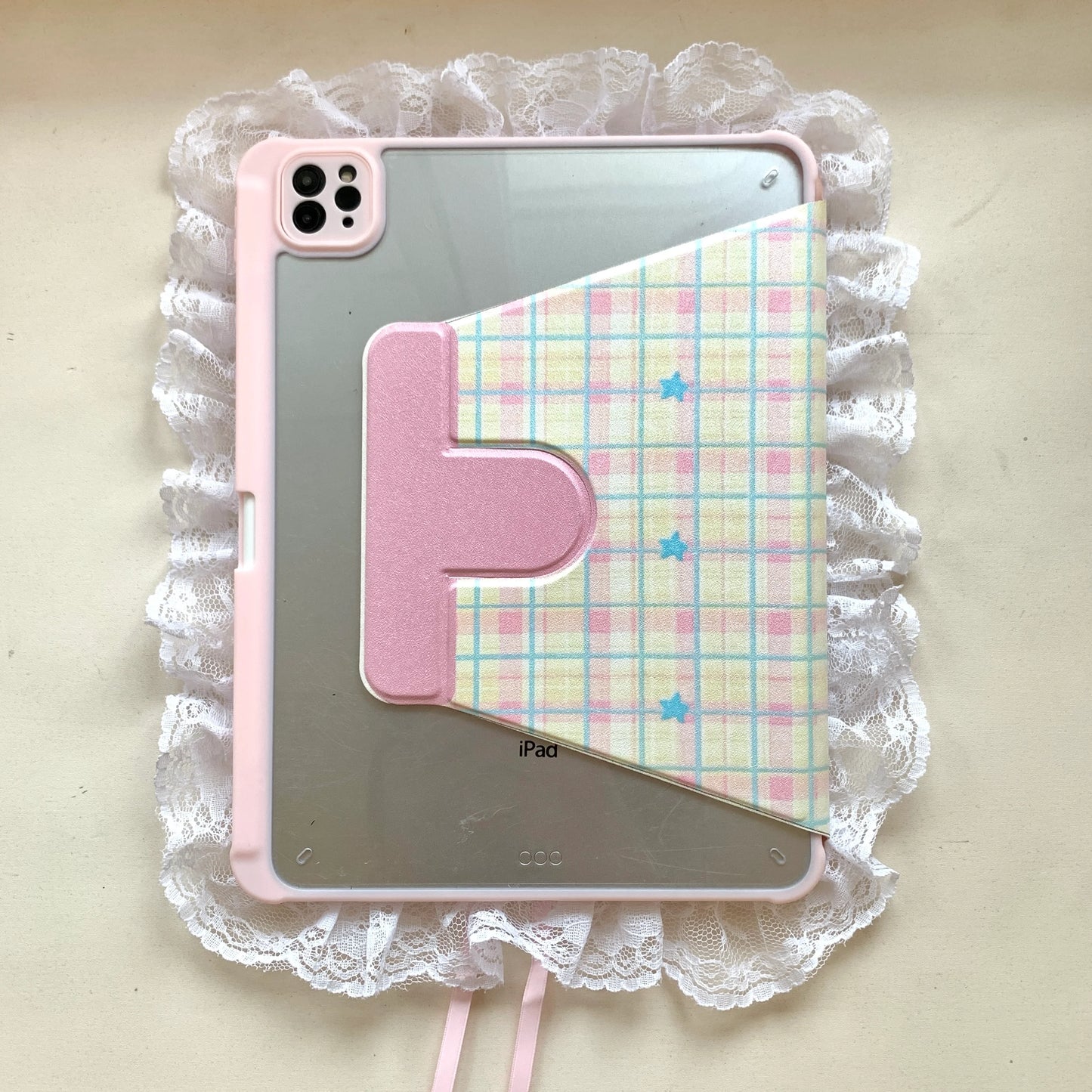 Kawaii Lace iPad Case with Plaid & Pastel Star Stand