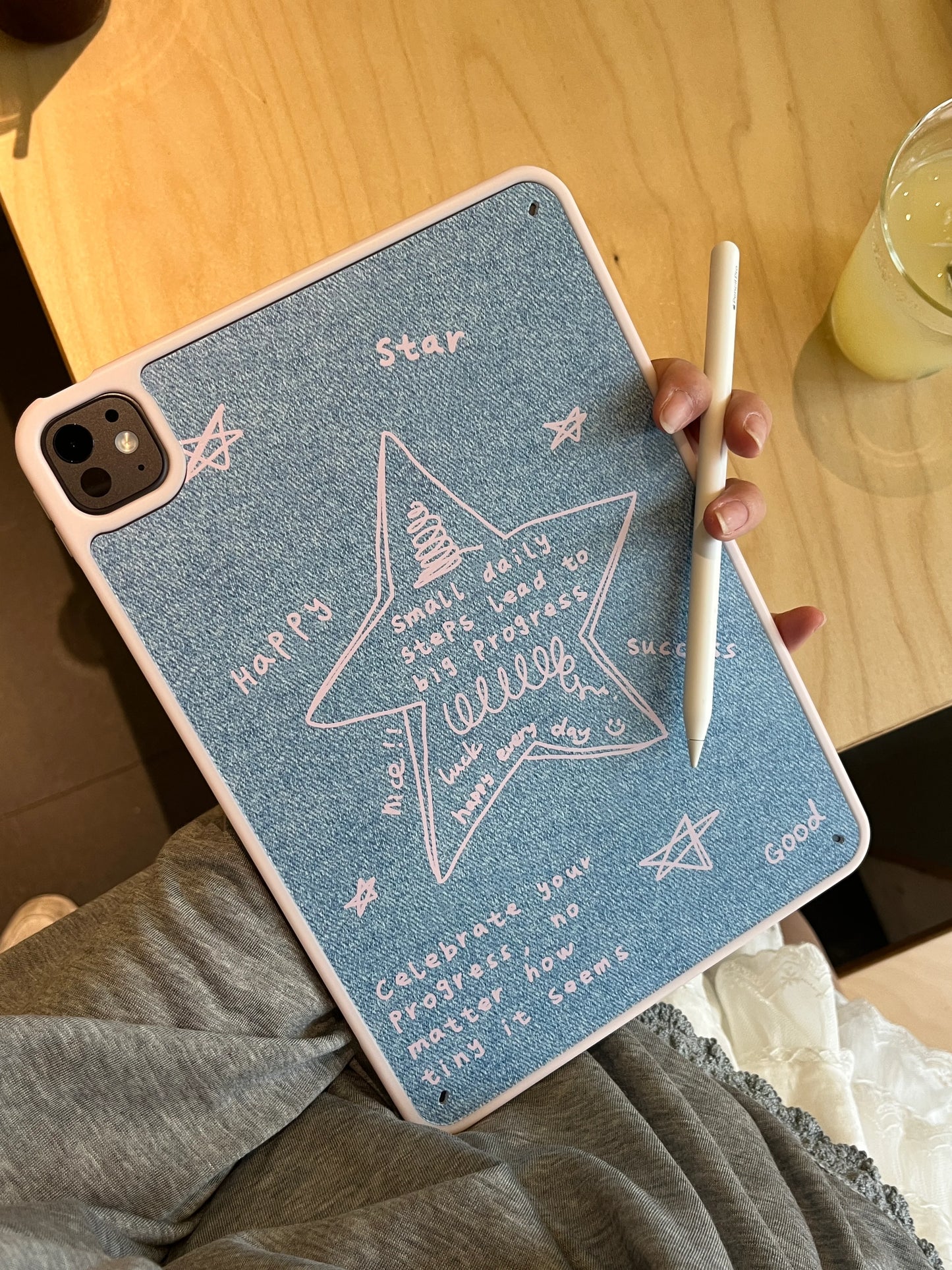 Motivational Star Print iPad Case – Denim Look Soft Back Cover with Positive Quotes