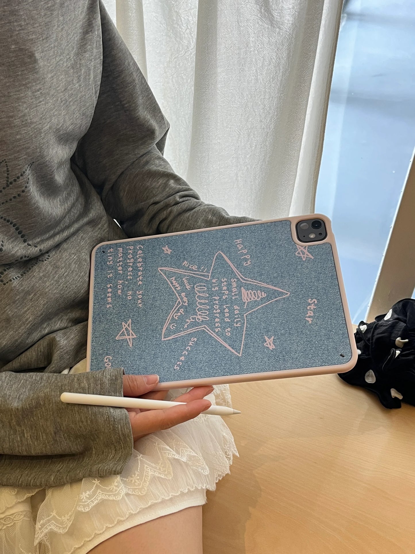 Motivational Star Print iPad Case – Denim Look Soft Back Cover with Positive Quotes