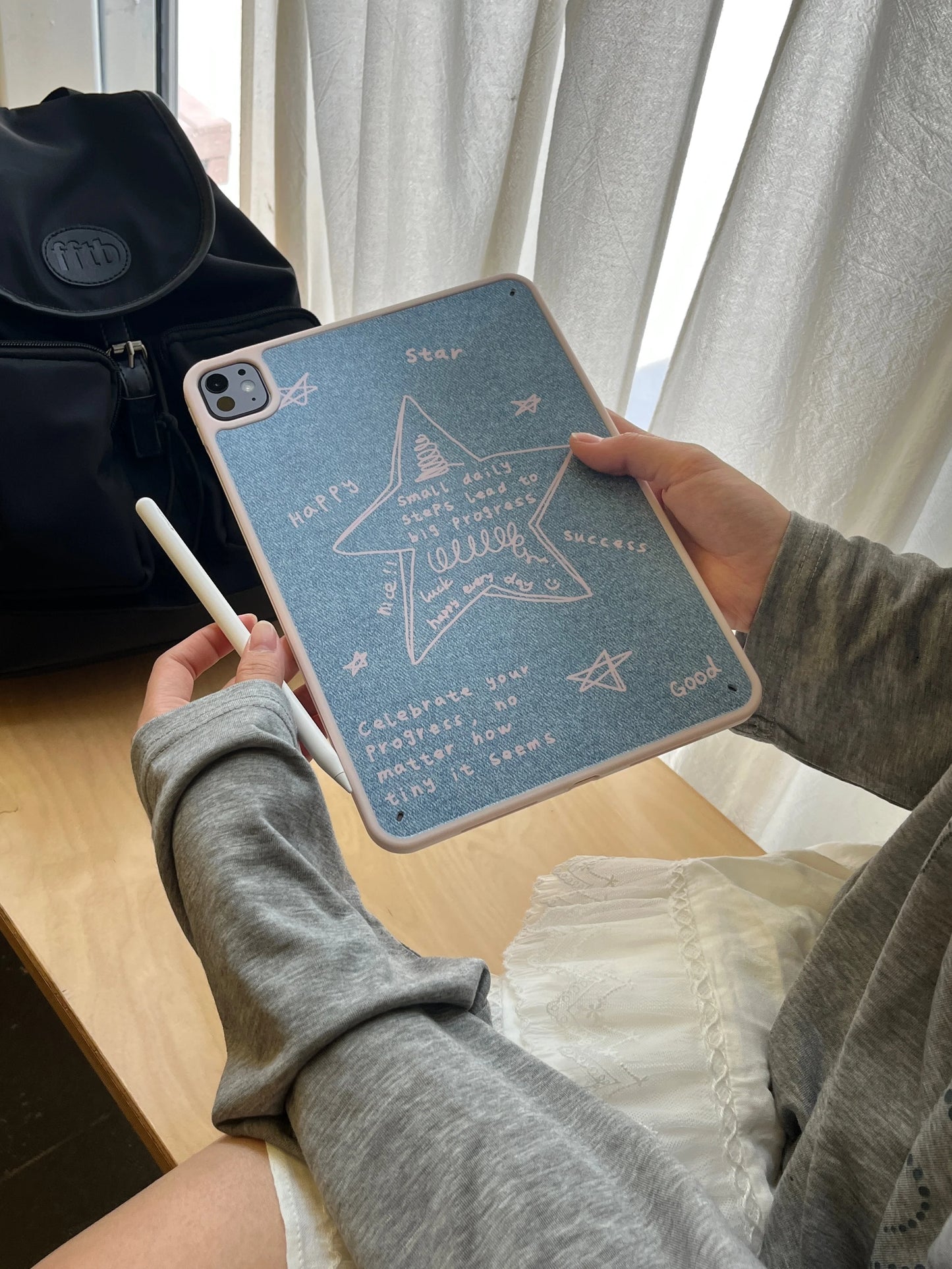 Motivational Star Print iPad Case – Denim Look Soft Back Cover with Positive Quotes