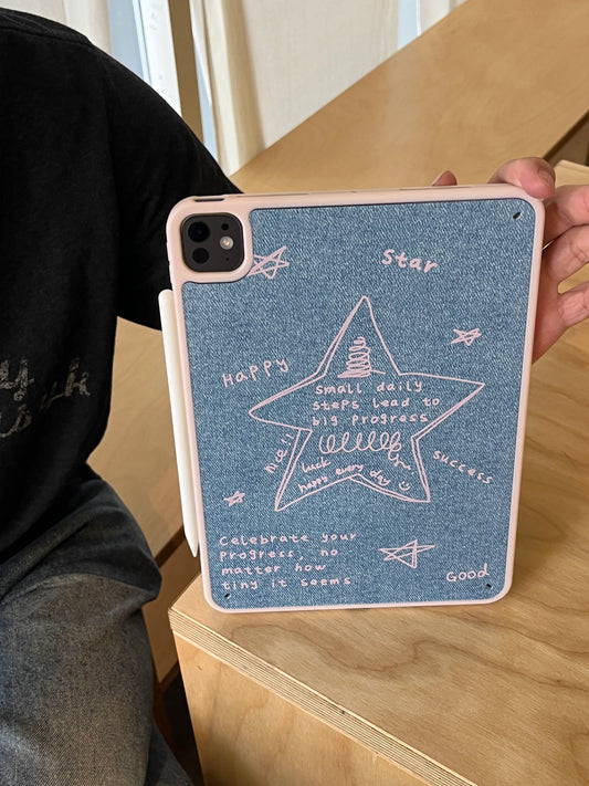 Motivational Star Print iPad Case – Denim Look Soft Back Cover with Positive Quotes