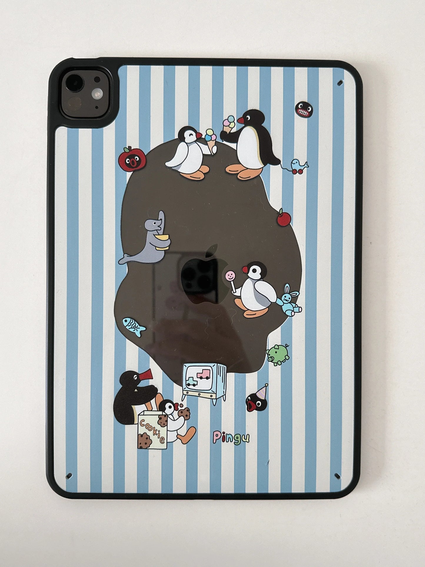 ute Penguin Cartoon iPad Case – Blue Striped Soft Back Cover with Fun Character Print