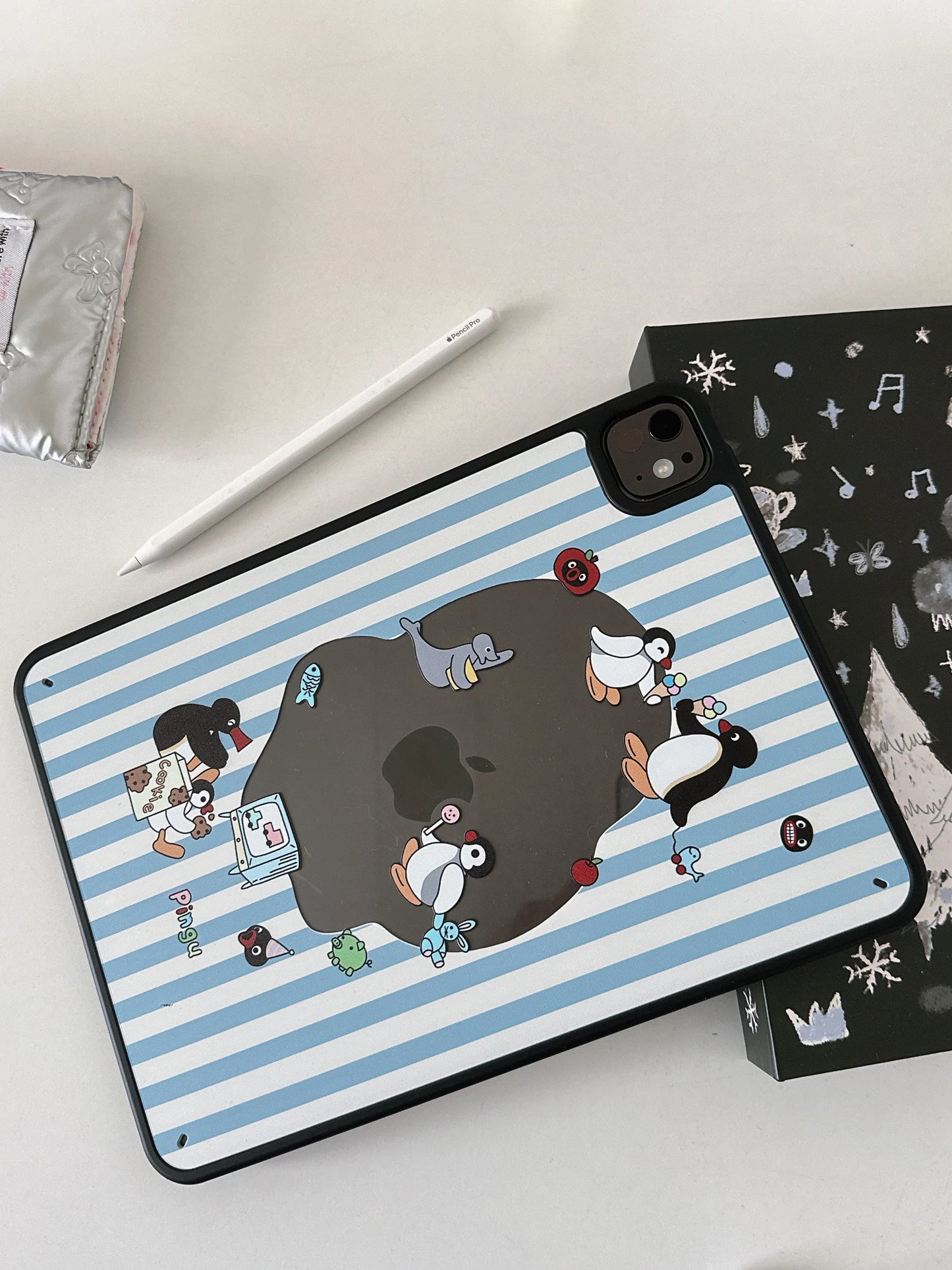 ute Penguin Cartoon iPad Case – Blue Striped Soft Back Cover with Fun Character Print