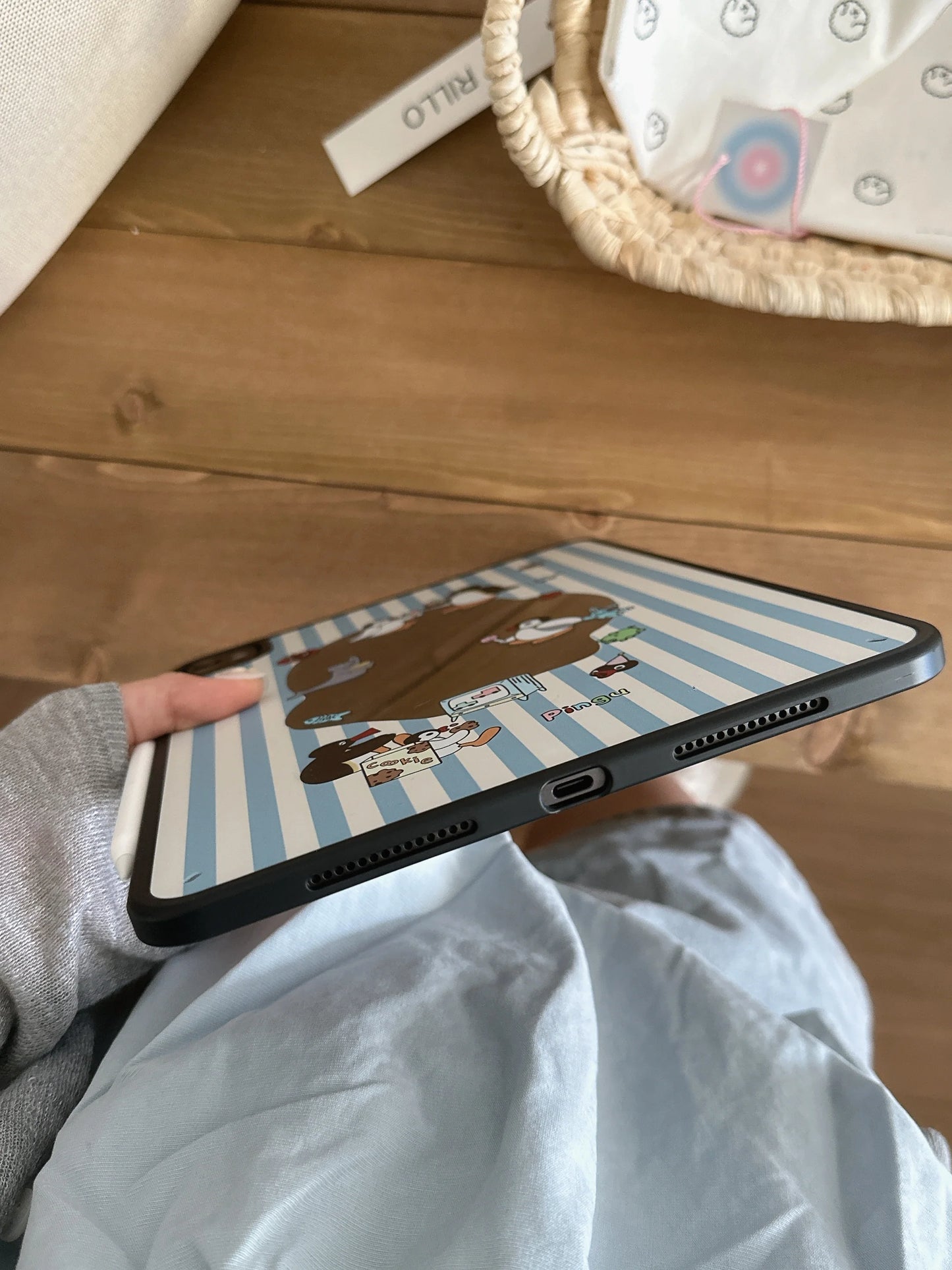 ute Penguin Cartoon iPad Case – Blue Striped Soft Back Cover with Fun Character Print