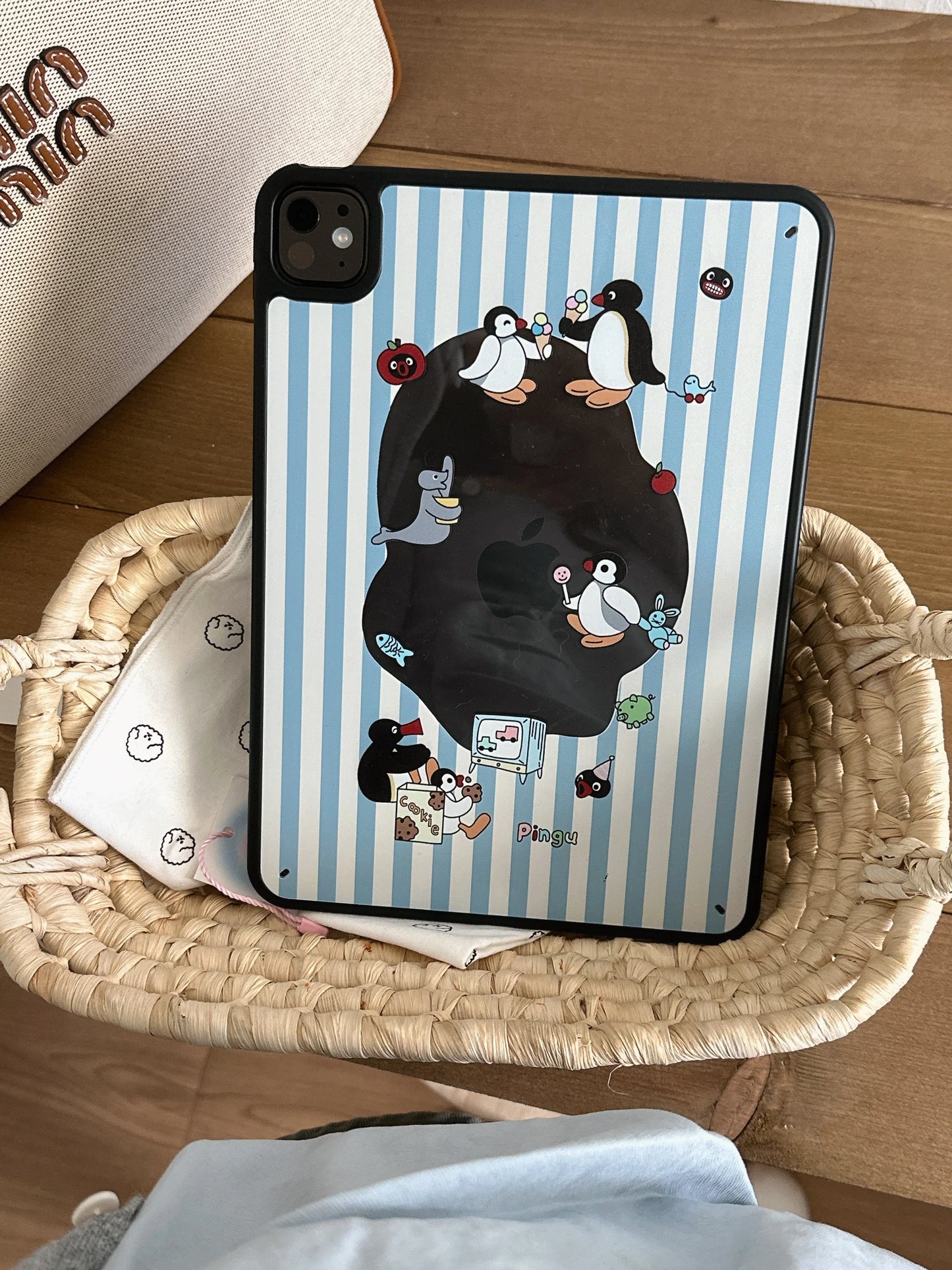 ute Penguin Cartoon iPad Case – Blue Striped Soft Back Cover with Fun Character Print