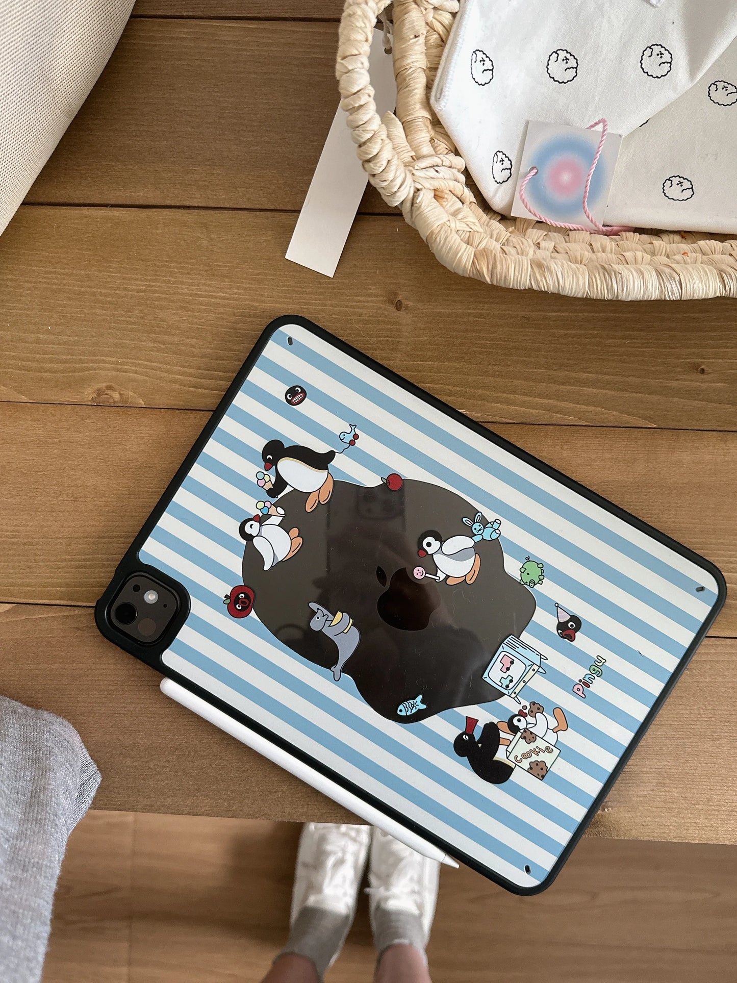 ute Penguin Cartoon iPad Case – Blue Striped Soft Back Cover with Fun Character Print
