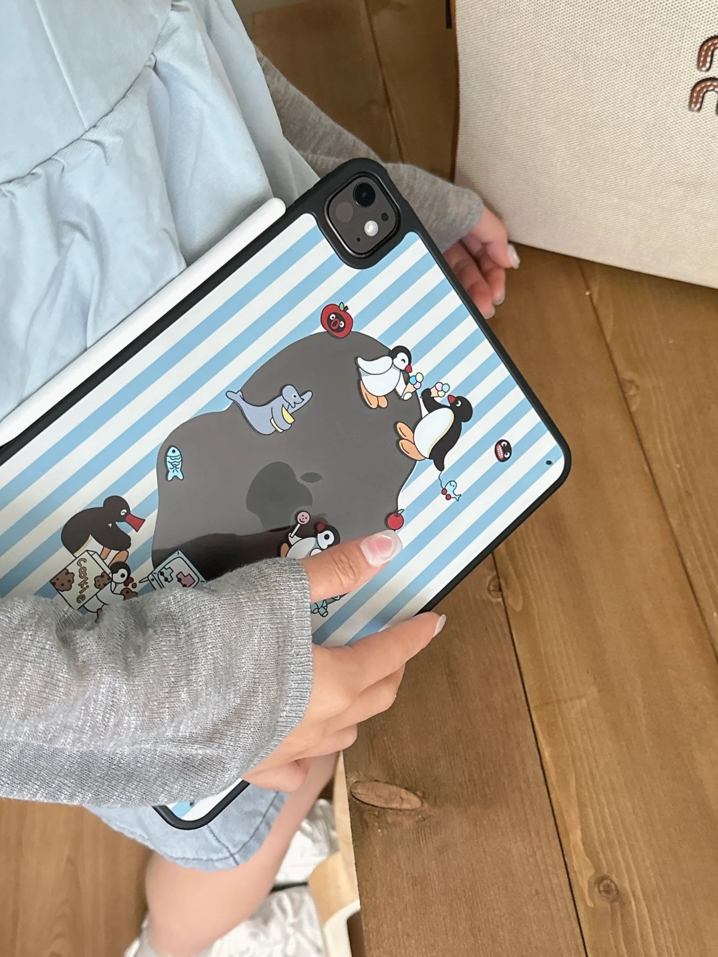 ute Penguin Cartoon iPad Case – Blue Striped Soft Back Cover with Fun Character Print