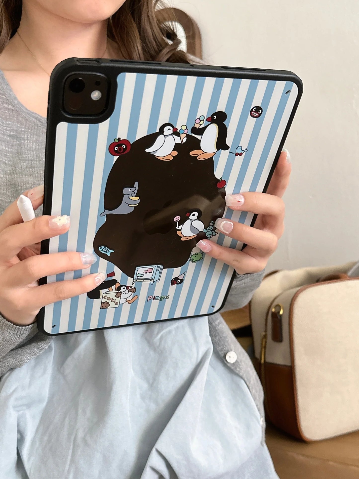ute Penguin Cartoon iPad Case – Blue Striped Soft Back Cover with Fun Character Print
