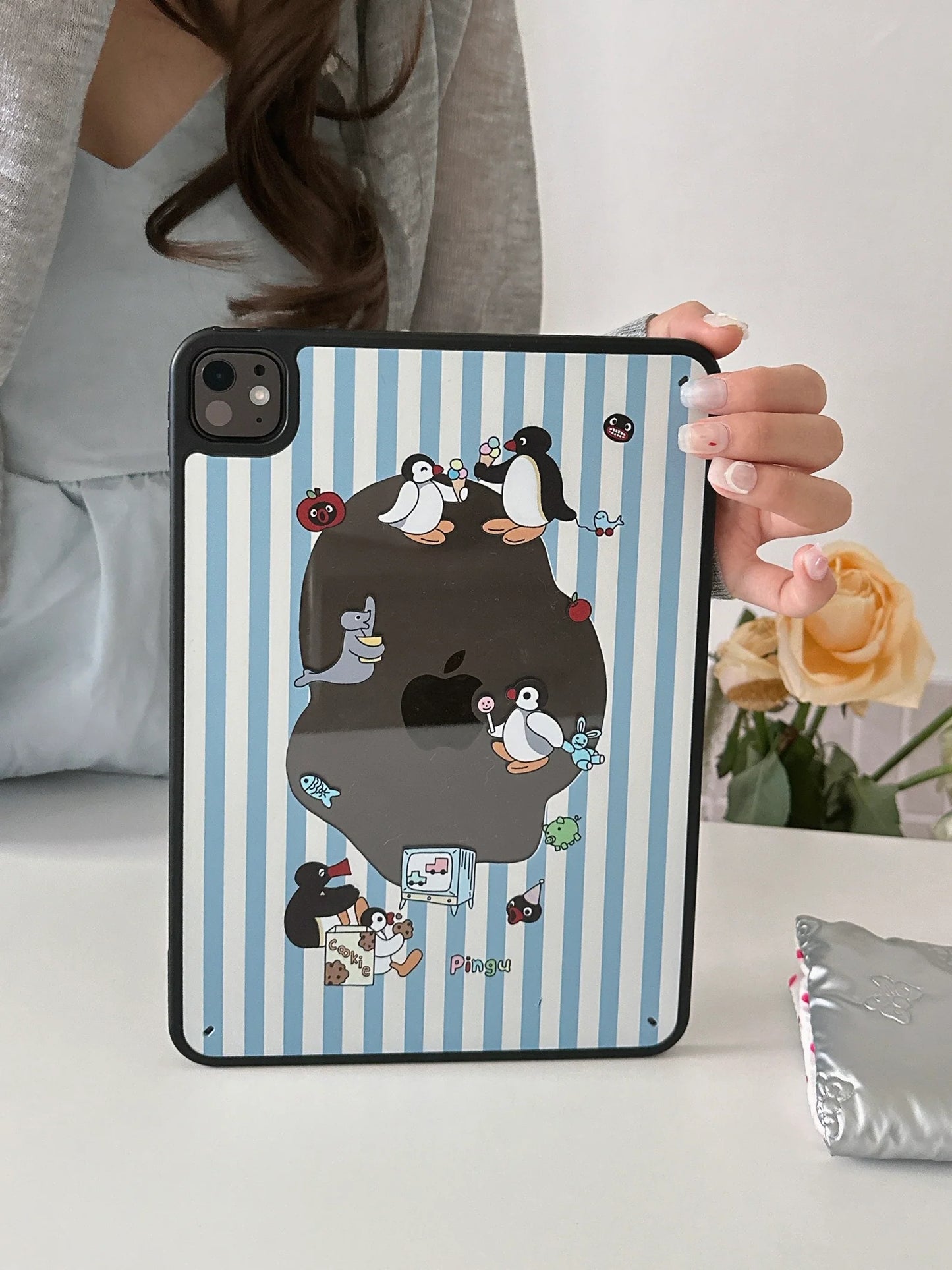 ute Penguin Cartoon iPad Case – Blue Striped Soft Back Cover with Fun Character Print