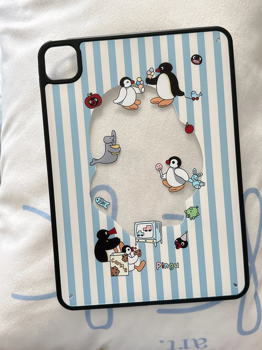 ute Penguin Cartoon iPad Case – Blue Striped Soft Back Cover with Fun Character Print