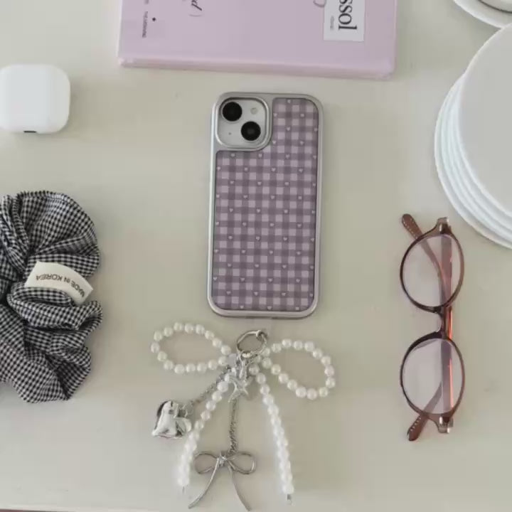 Purple Gingham Heart iPhone Case – Aesthetic Checkered Back Cover with Pearl Bow Charm