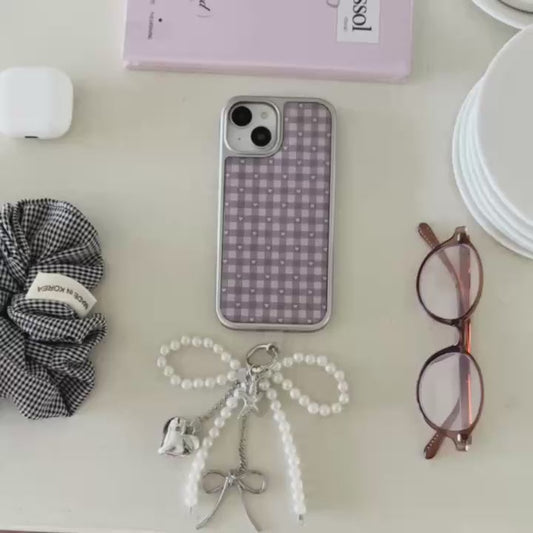 Purple Gingham Heart iPhone Case – Aesthetic Checkered Back Cover with Pearl Bow Charm