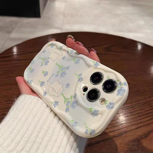 Blossom Cat & Blue Flowers Case For  Iphone13/14/15/16/16E  (Basic, Pro, Pro-Max)