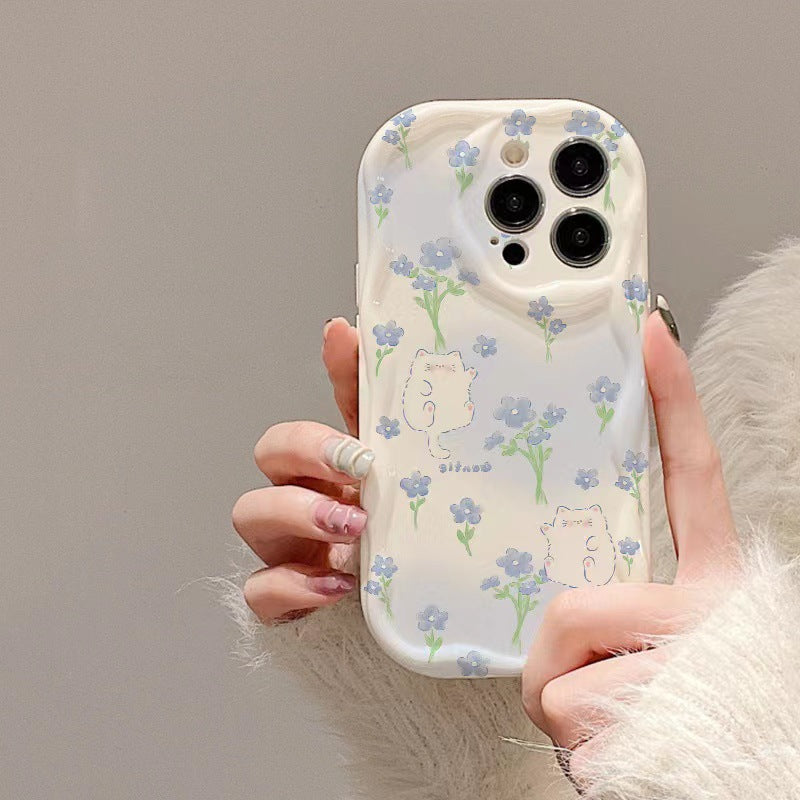 Blossom Cat & Blue Flowers Case For  Iphone13/14/15/16/16E  (Basic, Pro, Pro-Max)