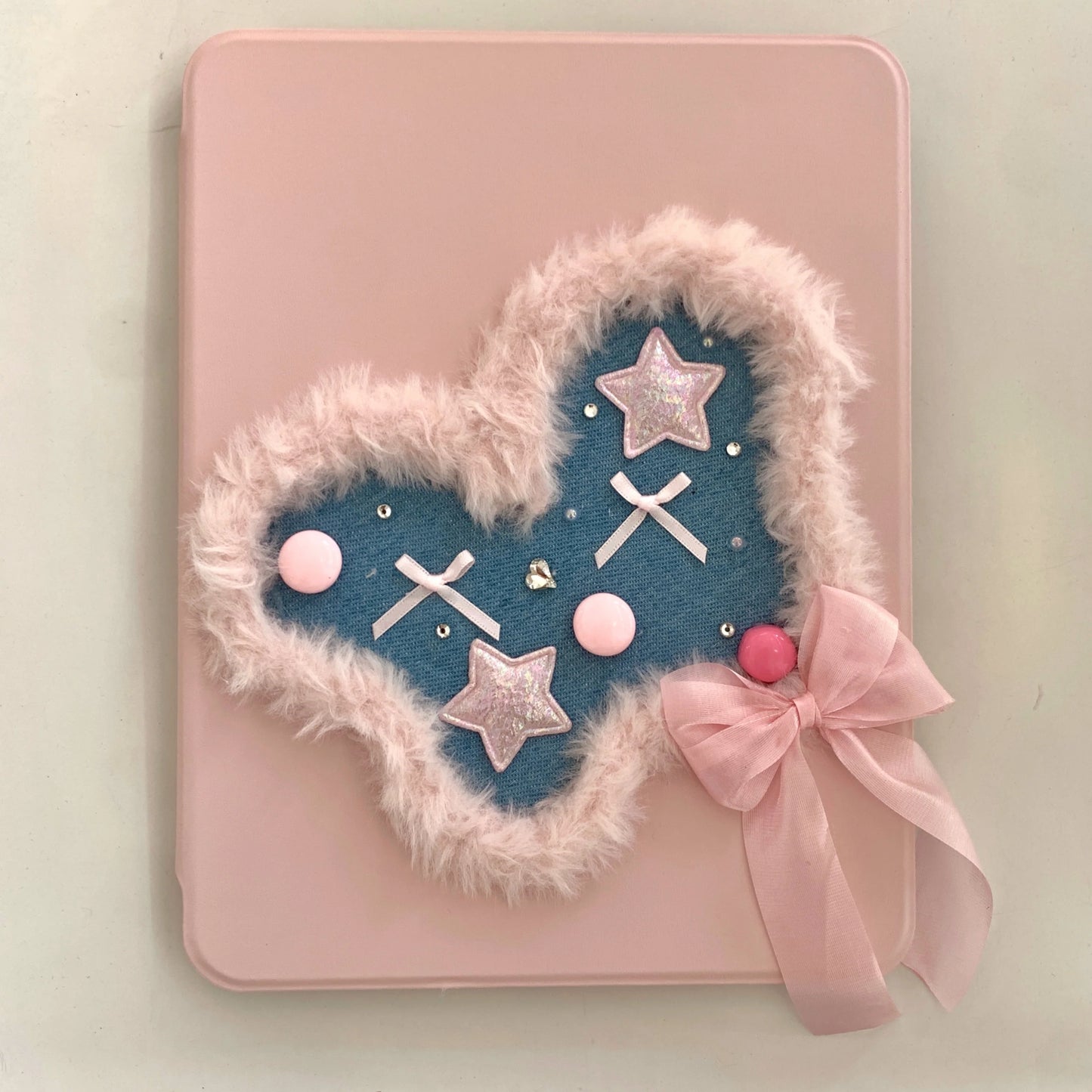 Pink Heart & Star Patchwork iPad Case with Stand – Cute Denim Bow Design For iPad