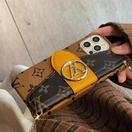 Luxury Branded Leather Wallet iPhone Case With Sling Chain
