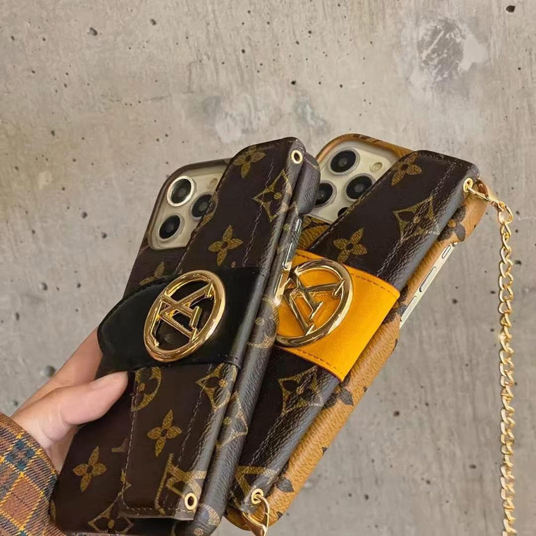 Luxury Branded Leather Wallet iPhone Case With Sling Chain