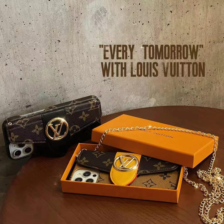 Luxury Branded Leather Wallet iPhone Case With Sling Chain