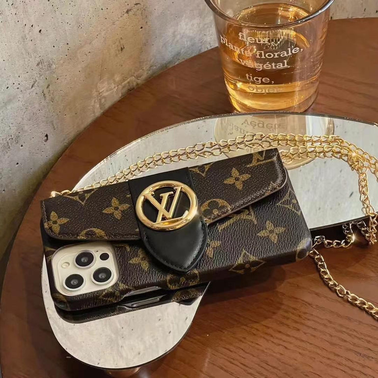 Luxury Branded Leather Wallet iPhone Case With Sling Chain