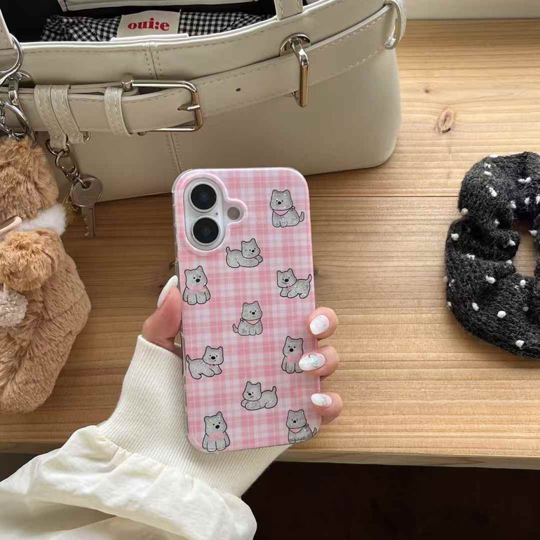 Checkered Dog Pattern Case For iPhone With Bow Charm