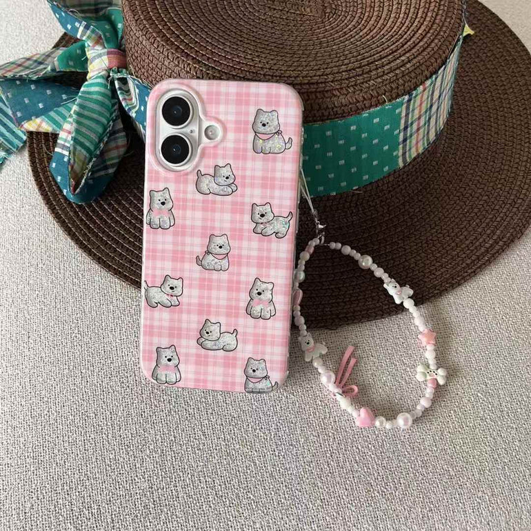 Checkered Dog Pattern Case For iPhone With Bow Charm