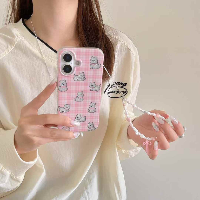 Checkered Dog Pattern Case For iPhone With Bow Charm