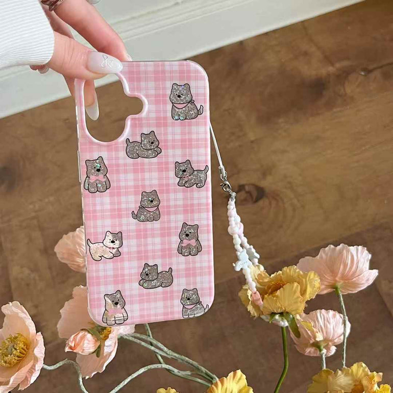 Checkered Dog Pattern Case For iPhone With Bow Charm