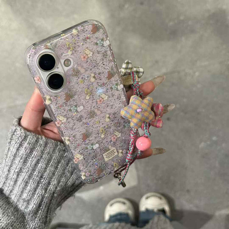 Glitter Flower Silicon Case For iPhone With Star Charm