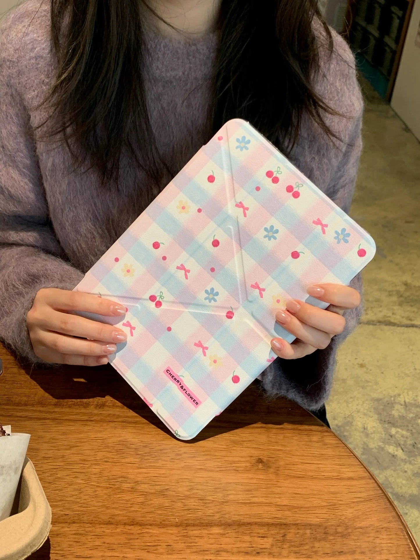 Cherry Blossom Gingham iPad Case – Magnetic Stand Case with Cute Pink Bow & Floral Check Design Foldable Case for iPad