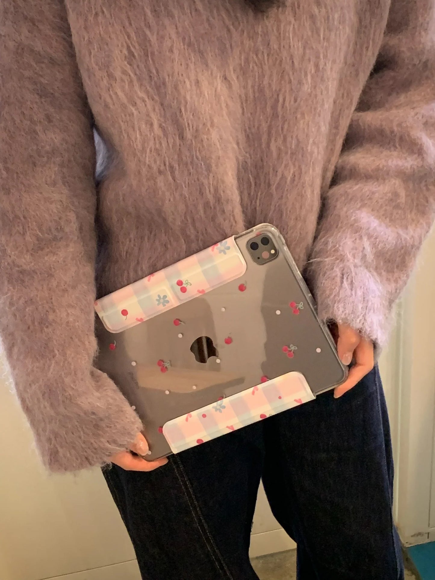 Cherry Blossom Gingham iPad Case – Magnetic Stand Case with Cute Pink Bow & Floral Check Design Foldable Case for iPad