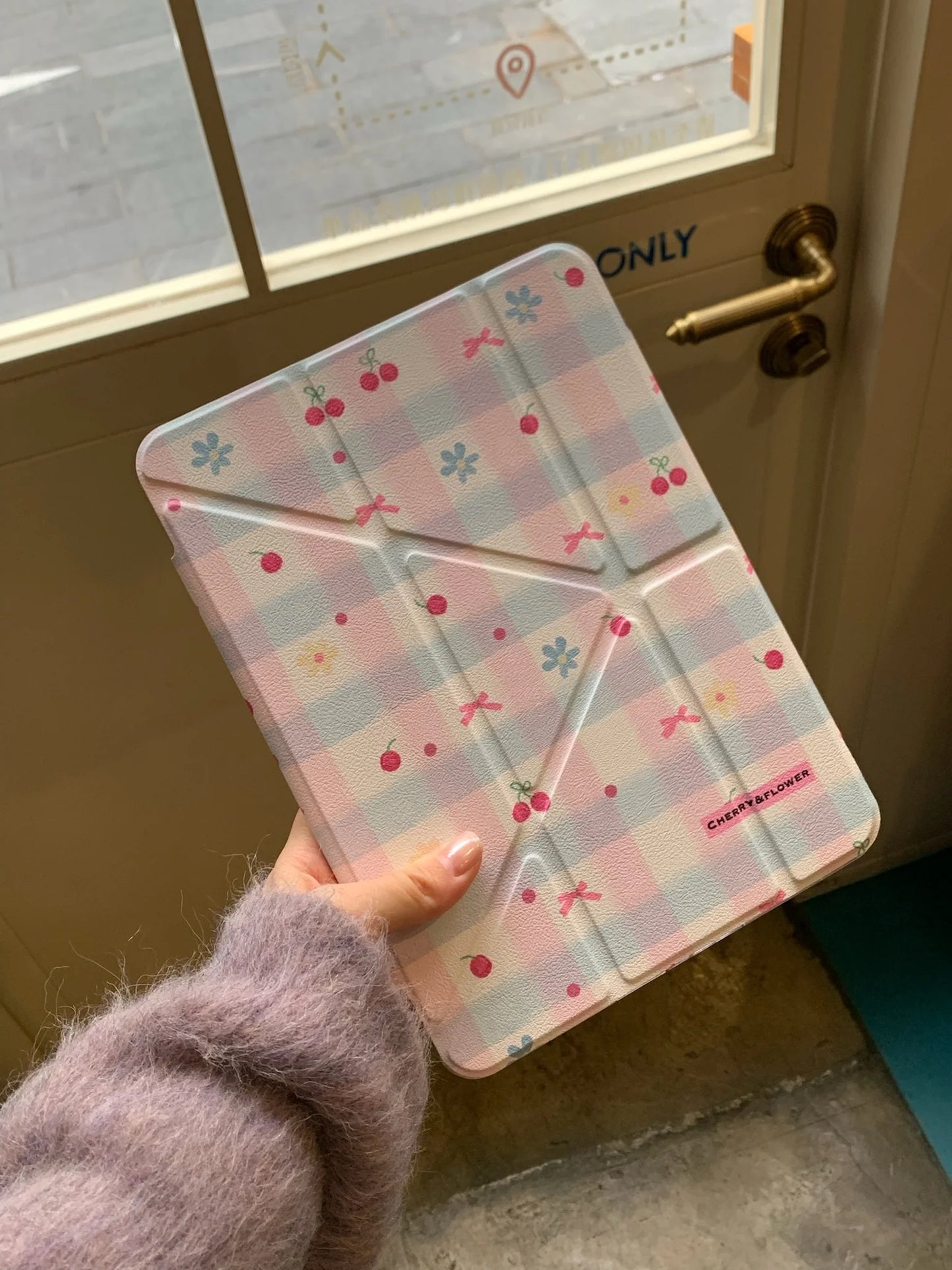 Cherry Blossom Gingham iPad Case – Magnetic Stand Case with Cute Pink Bow & Floral Check Design Foldable Case for iPad