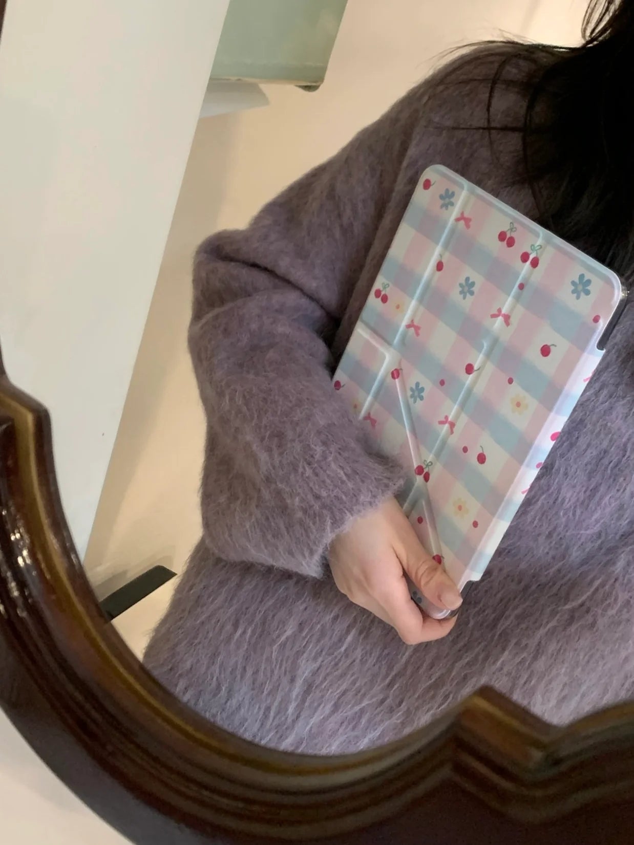 Cherry Blossom Gingham iPad Case – Magnetic Stand Case with Cute Pink Bow & Floral Check Design Foldable Case for iPad