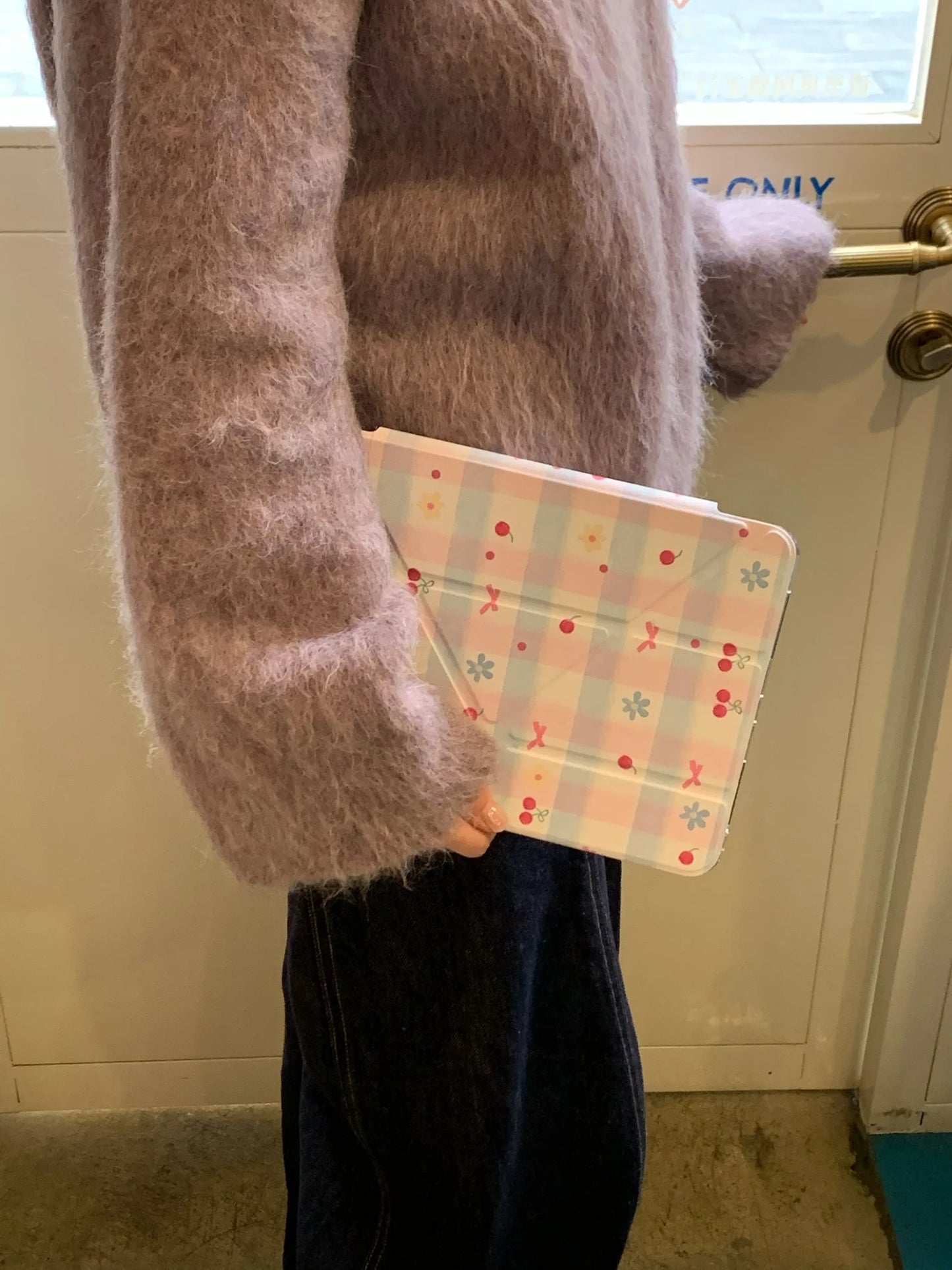 Cherry Blossom Gingham iPad Case – Magnetic Stand Case with Cute Pink Bow & Floral Check Design Foldable Case for iPad