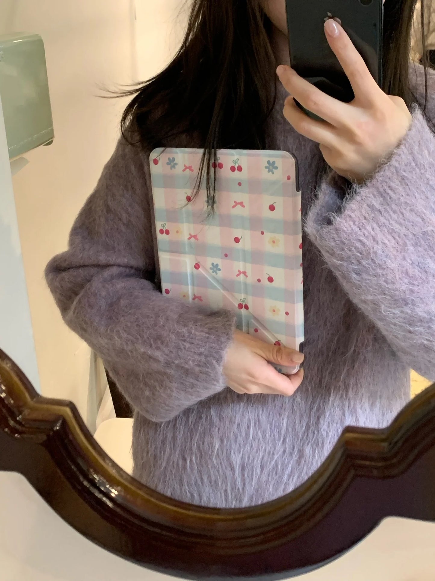 Cherry Blossom Gingham iPad Case – Magnetic Stand Case with Cute Pink Bow & Floral Check Design Foldable Case for iPad