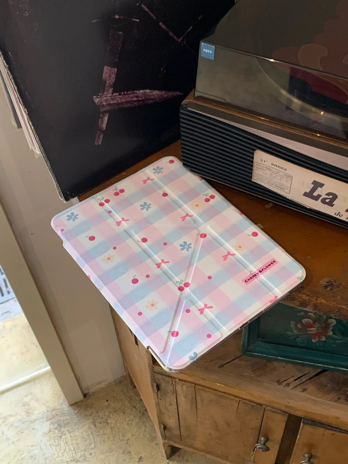 Cherry Blossom Gingham iPad Case – Magnetic Stand Case with Cute Pink Bow & Floral Check Design Foldable Case for iPad