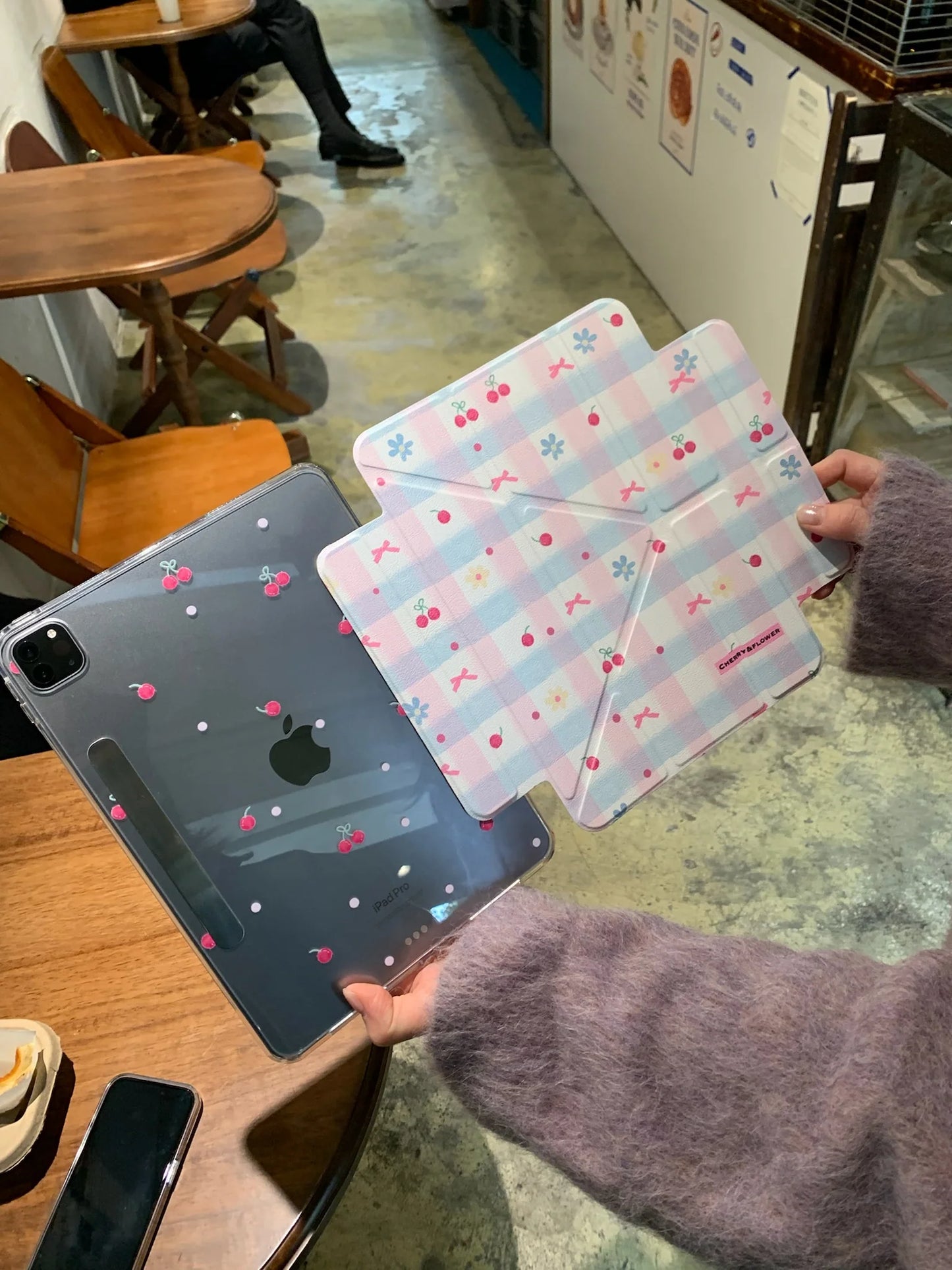 Cherry Blossom Gingham iPad Case – Magnetic Stand Case with Cute Pink Bow & Floral Check Design Foldable Case for iPad