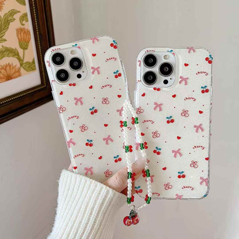 Cherry Pattern Silicon iPhone Case With Cherry Charm