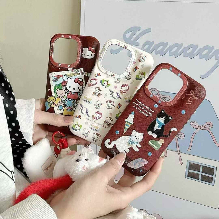 Puffer Leather Designer Case For iPhone With Kitty String Holder