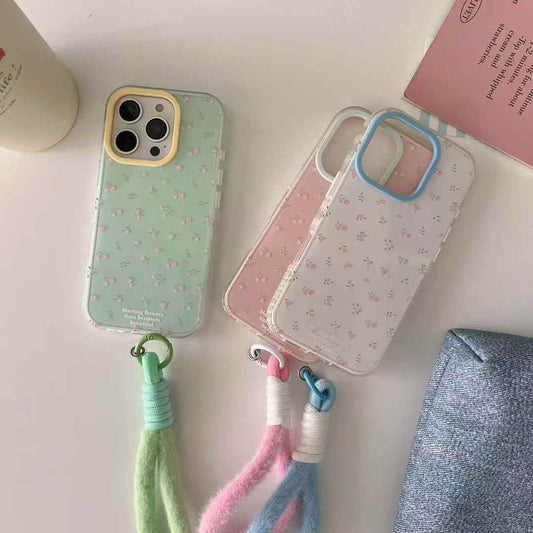 Floral Pattern Silicon Case For iPhone With Plush Rope Holder