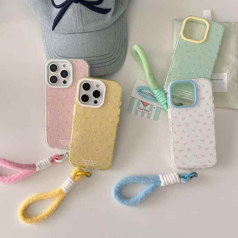 Floral Pattern Silicon Case For iPhone With Plush Rope Holder