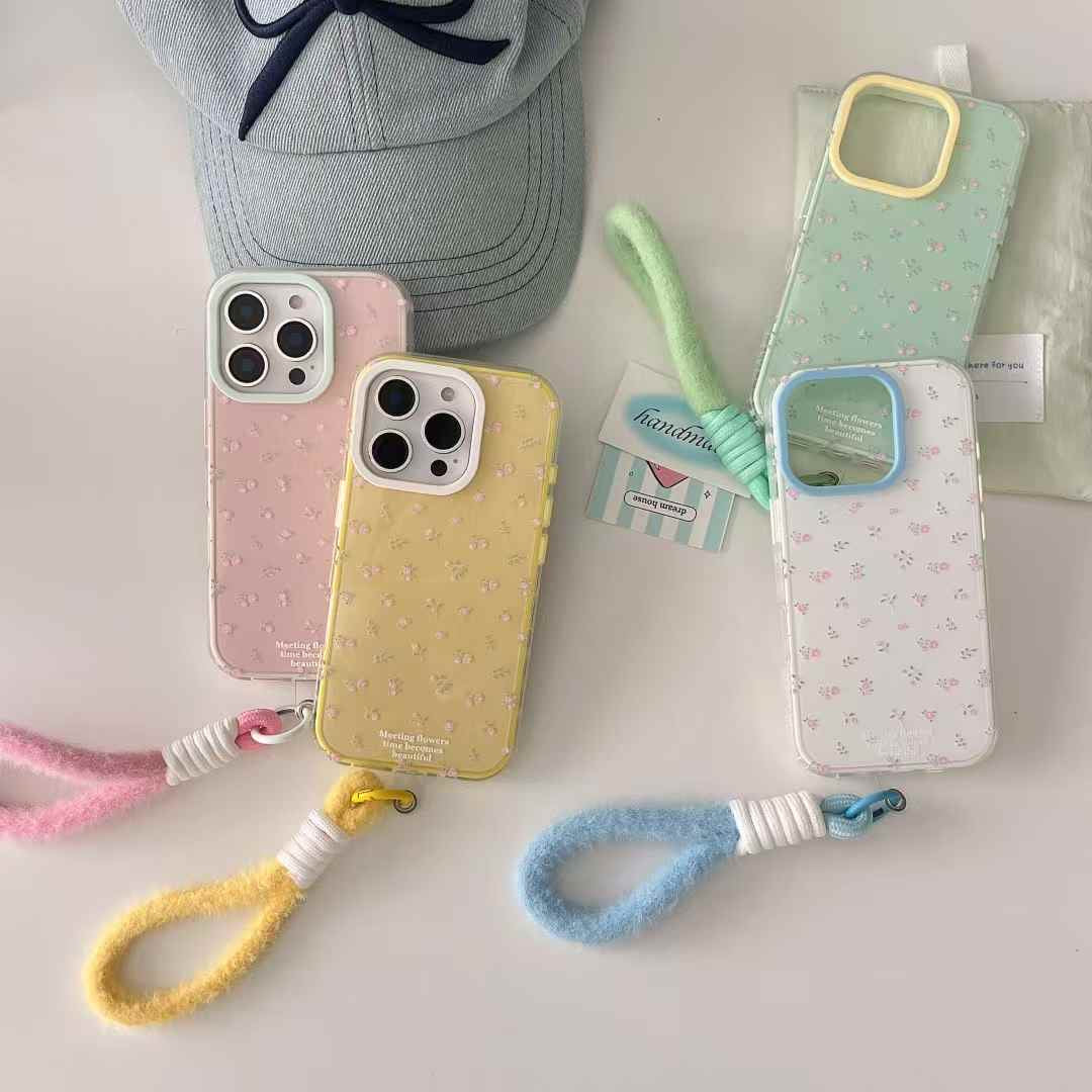 Floral Pattern Silicon Case For iPhone With Plush Rope Holder