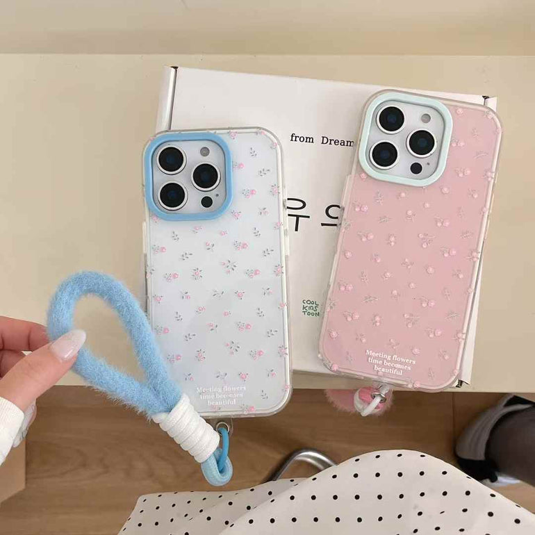 Floral Pattern Silicon Case For iPhone With Plush Rope Holder