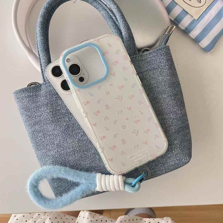 Floral Pattern Silicon Case For iPhone With Plush Rope Holder