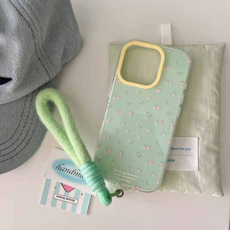 Floral Pattern Silicon Case For iPhone With Plush Rope Holder