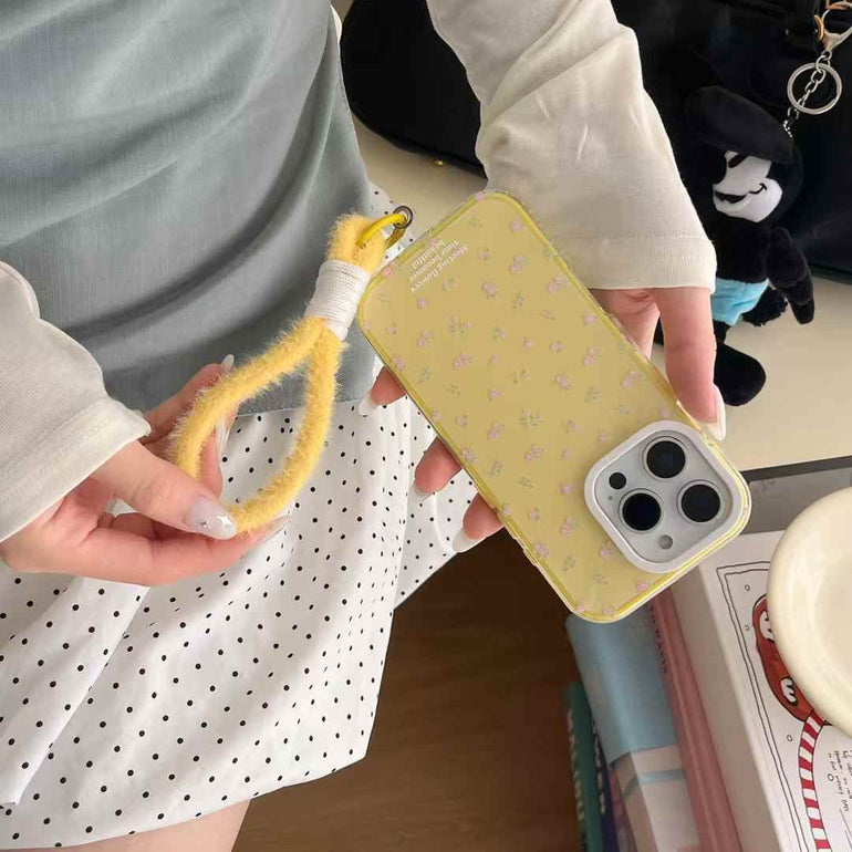 Floral Pattern Silicon Case For iPhone With Plush Rope Holder