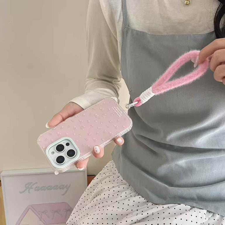Floral Pattern Silicon Case For iPhone With Plush Rope Holder